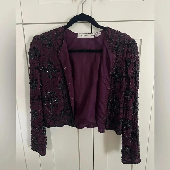 Scala Maroon Black Beaded Silk Evening Jacket - Picture 4 of 8